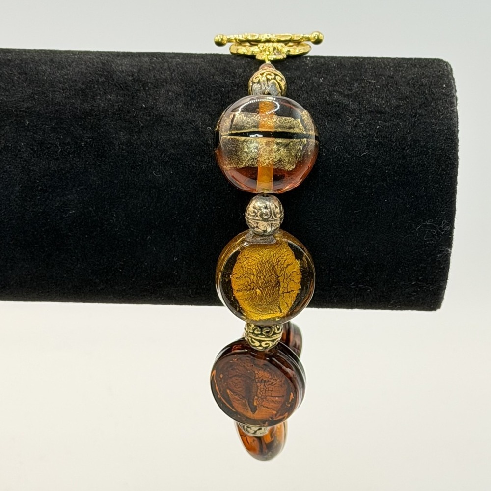 Murano Style Amber Gold Foil Art Glass Bead Bracelet Toggle Clasp Boho Statement